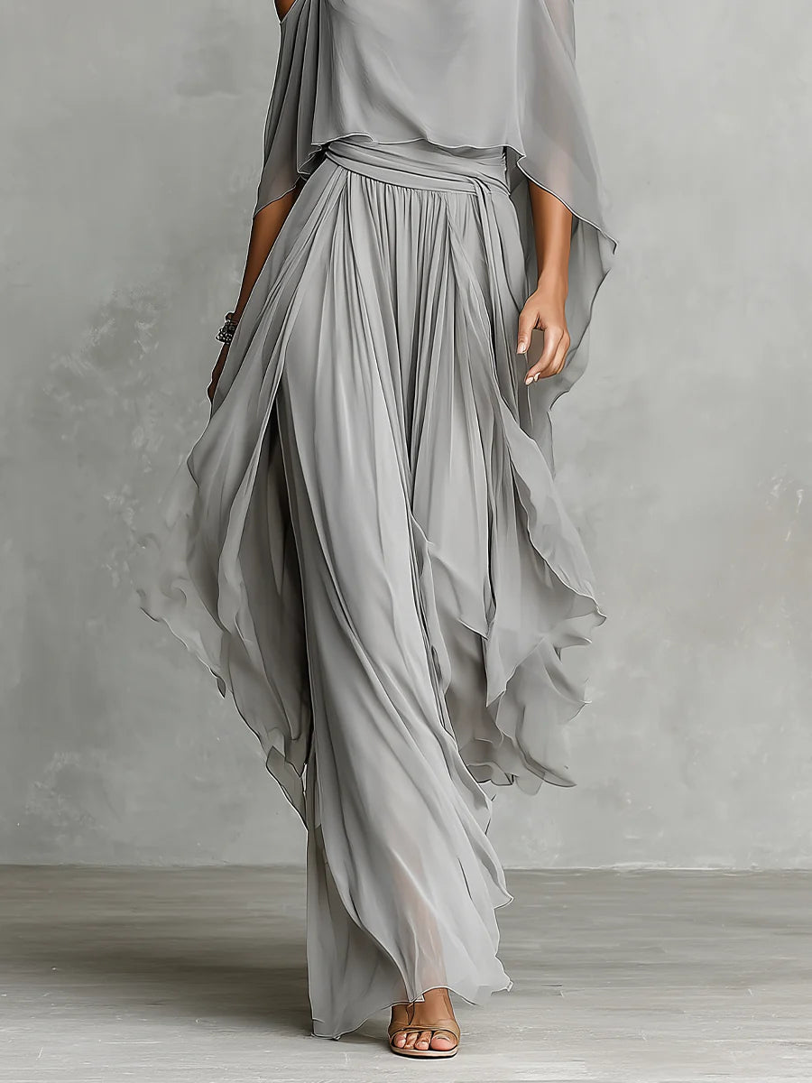 Isabella | Conjunto de top fluido gris con hombros descubiertos y pantalones de chifón
