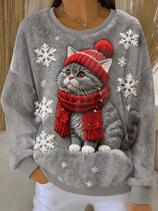 Sudadera de franela casual con impresión artística de un gato navideño para mujer