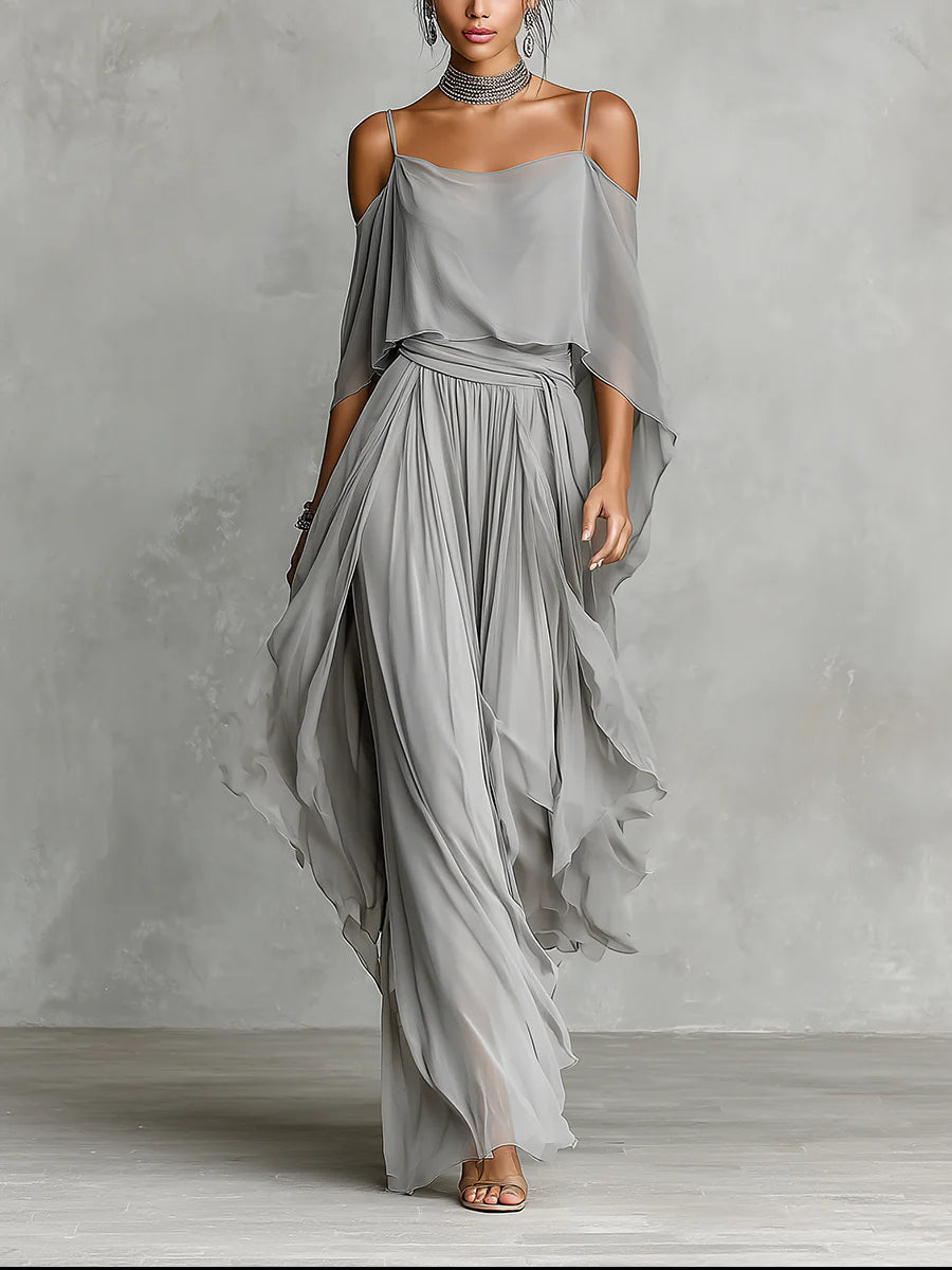 Isabella | Conjunto de top fluido gris con hombros descubiertos y pantalones de chifón