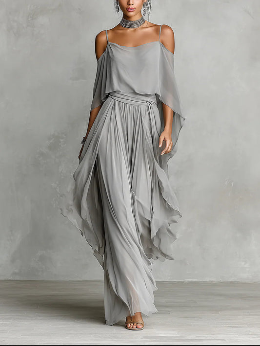 Isabella | Conjunto de top fluido gris con hombros descubiertos y pantalones de chifón