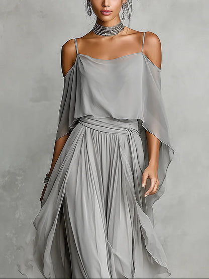 Isabella | Conjunto de top fluido gris con hombros descubiertos y pantalones de chifón