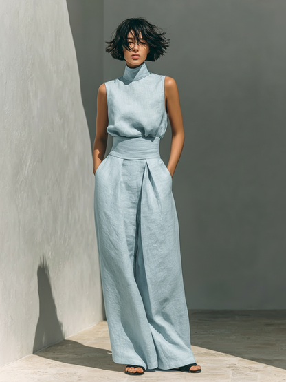 Maria - Conjunto minimalista de camiseta y pantalón ancho de algodón y lino para mujer