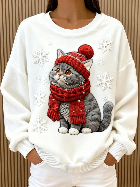 Sudadera de franela casual con impresión artística de un gato navideño para mujer