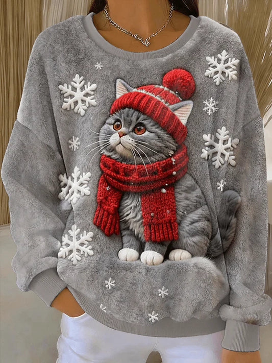 Sudadera de franela casual con impresión artística de un gato navideño para mujer