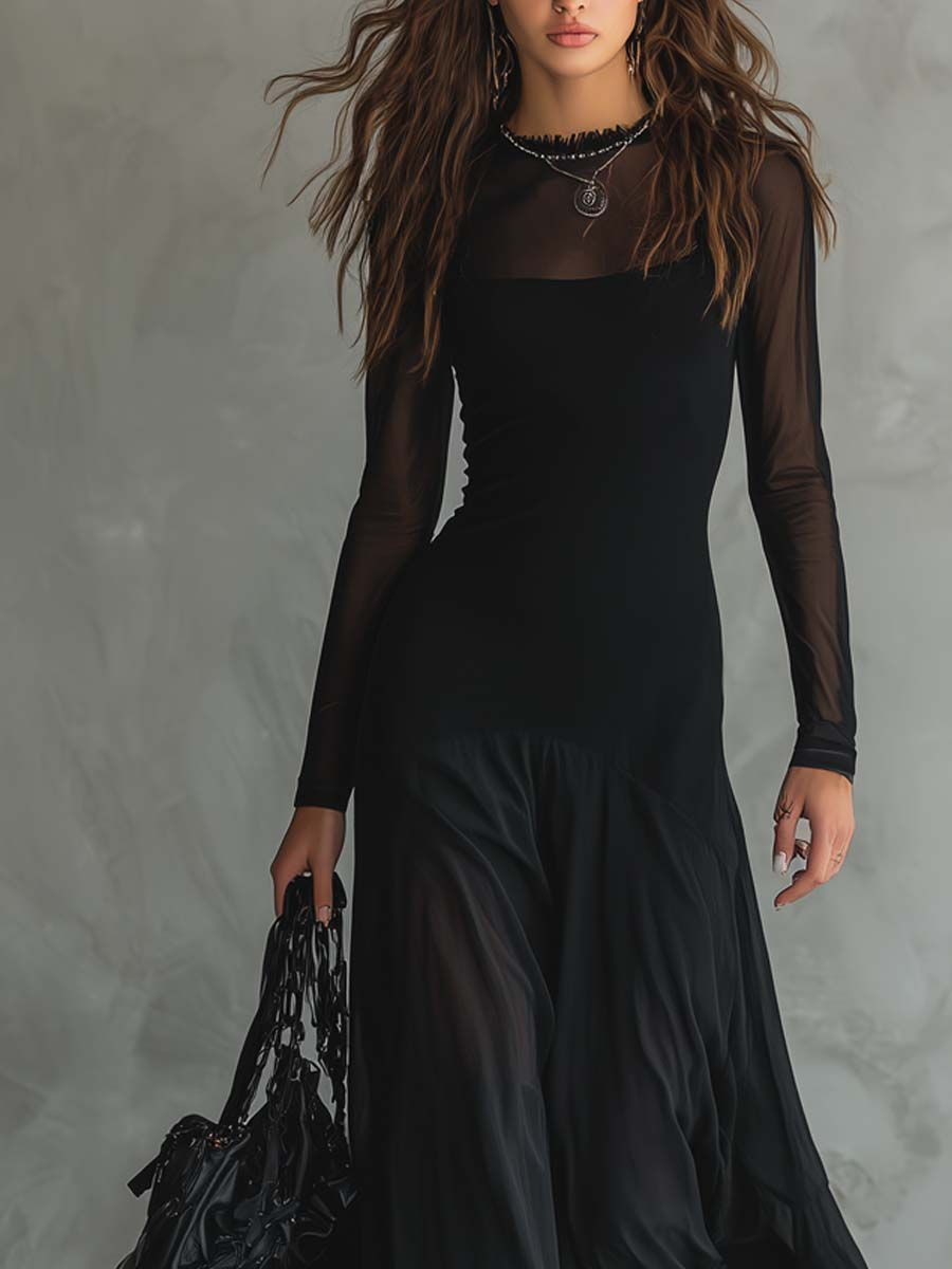 Vestido maxi negro de tul patchwork con corte holgado