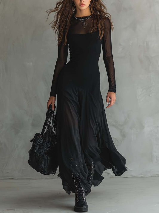 Vestido maxi negro de tul patchwork con corte holgado