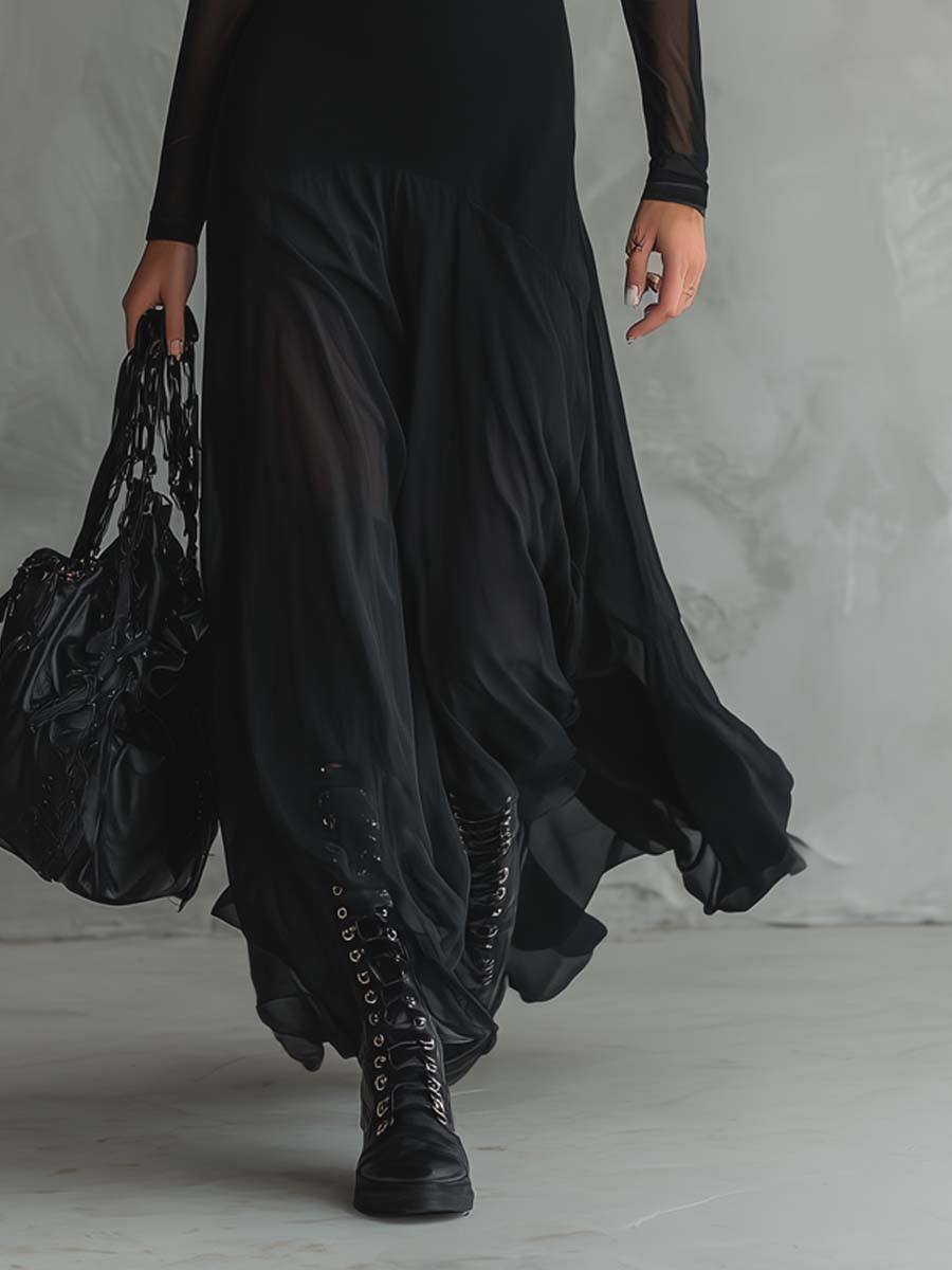 Vestido maxi negro de tul patchwork con corte holgado