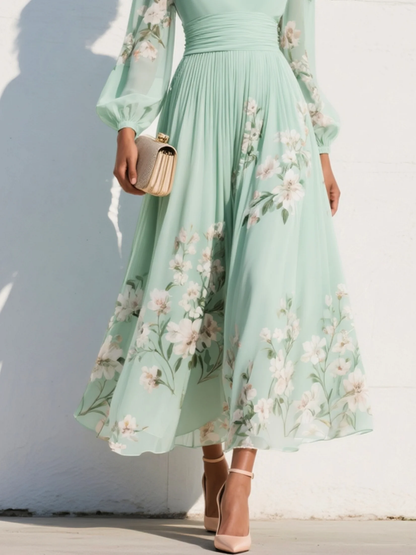 Vestido Midi Floral de Chifón con Cuello en V y Pliegues en Verde Claro