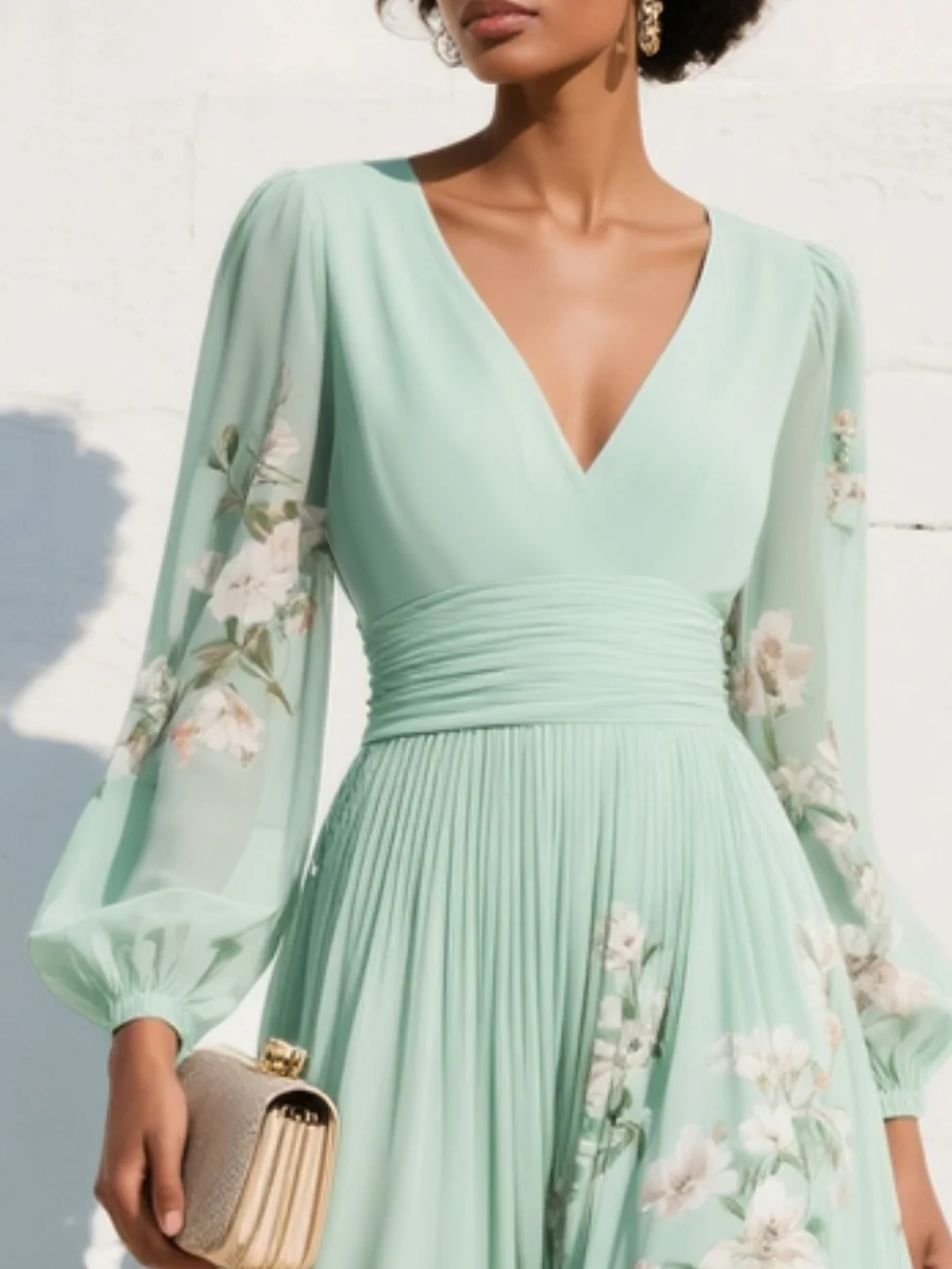 Vestido Midi Floral de Chifón con Cuello en V y Pliegues en Verde Claro
