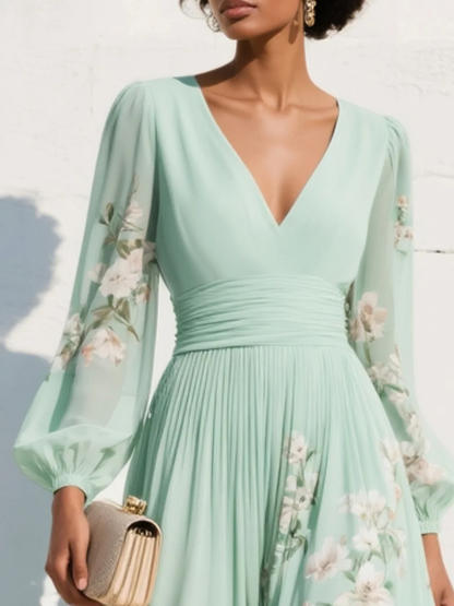 Vestido Midi Floral de Chifón con Cuello en V y Pliegues en Verde Claro