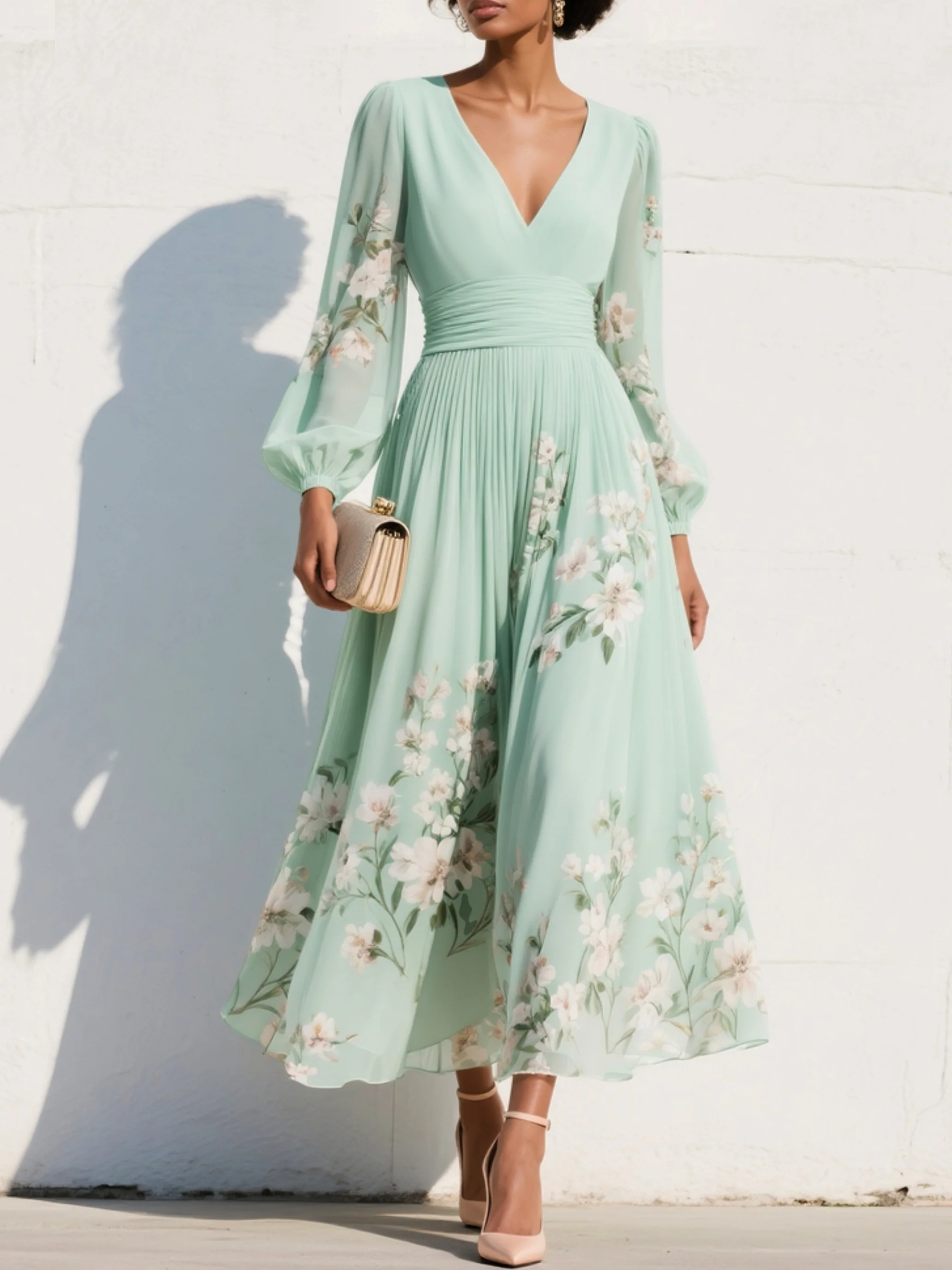 Vestido Midi Floral de Chifón con Cuello en V y Pliegues en Verde Claro