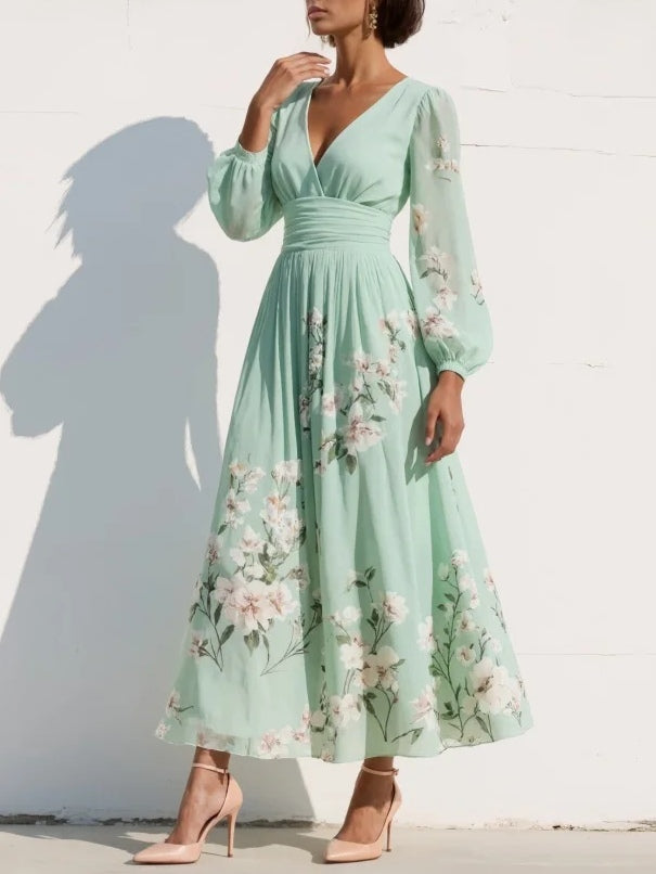 Vestido Midi Floral de Chifón con Cuello en V y Pliegues en Verde Claro
