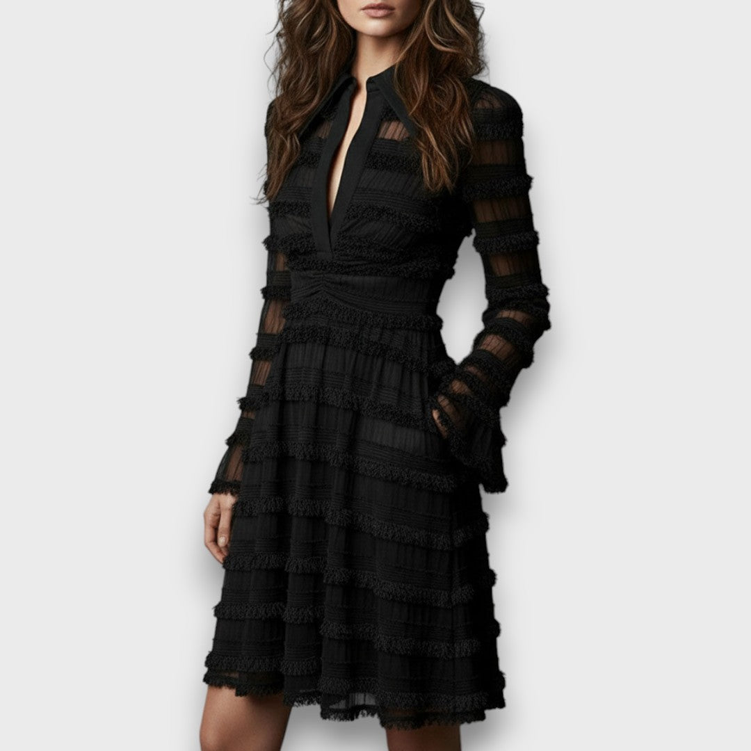 PARISA – VESTIDO MIDI CON FLECOS TRANSPARENTES ✨