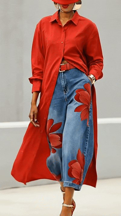 Conjunto Sofisticado Camisa y Jeans Floral